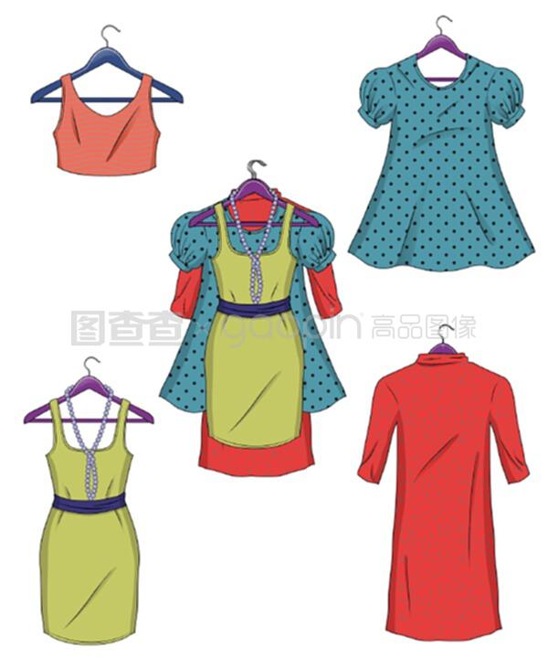 衣架上的衣服。平面风格的女性服装矢量插图。